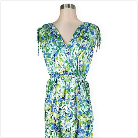 Maggy London White Aqua Floral Print Maxi Shoulder Gather Dress NEW NWT 18 - Picture 3 of 5